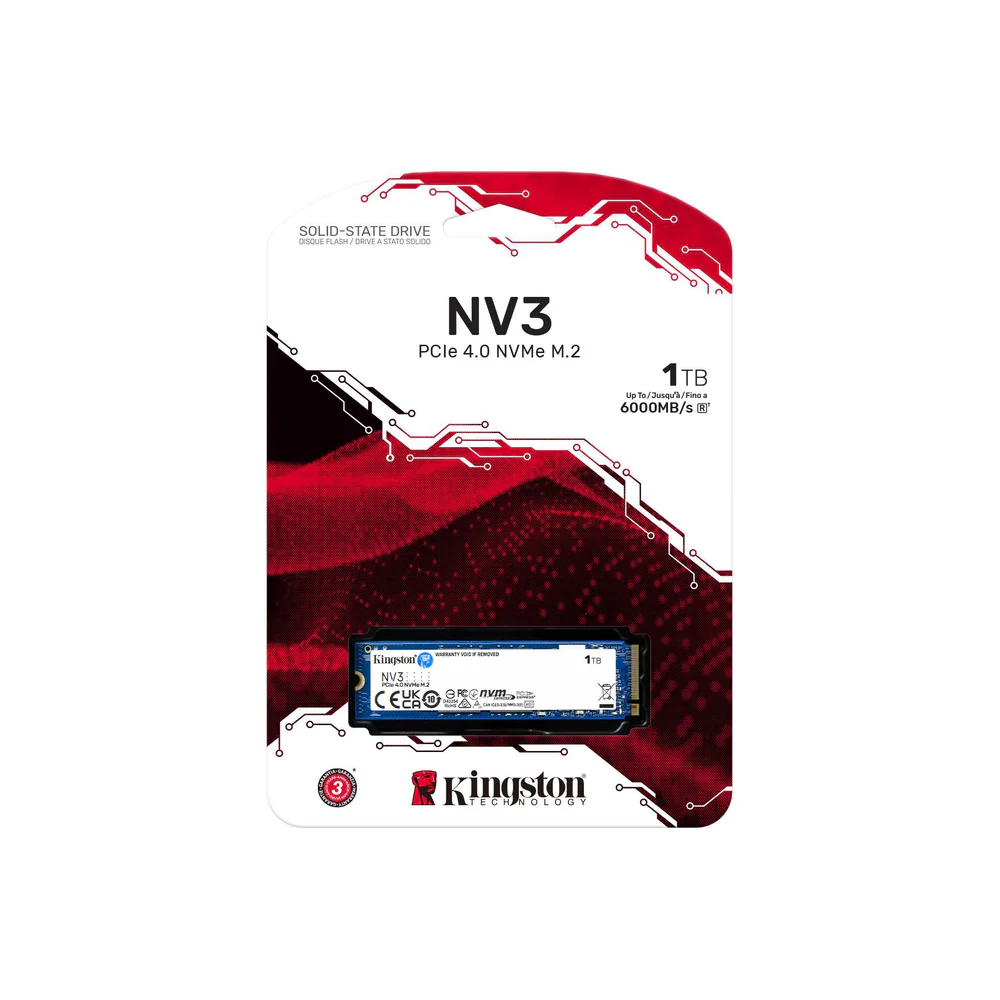 Kingston NV3 PCIe 4.0 NVMe Internal SSD, 1TB Capacity, M.2 2280 Form Factor, 6000 MB/s Sequential Read & 4000 MB/s Sequential Write Speed, 3D NAND Technology, 320 TBW Endurance | SNV3S/1000G
