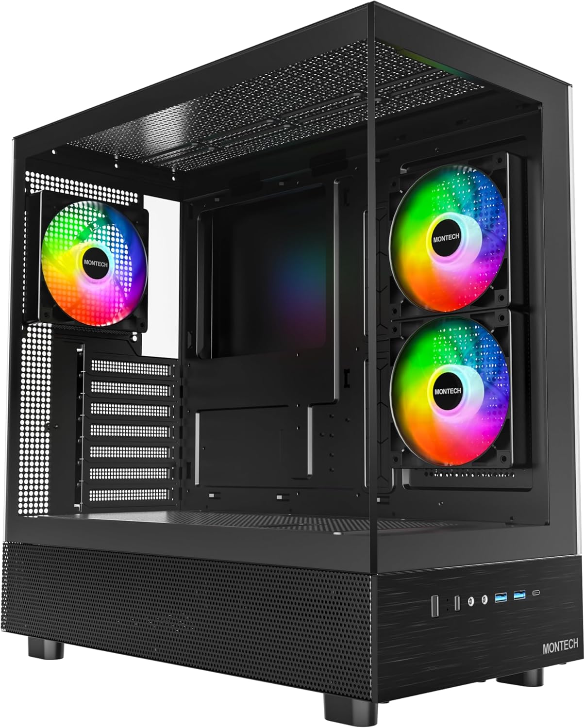 MONTECH XR, ATX Mid-Tower PC Gaming Case, 3 x 120mm ARGB PWM Fans Pre-Installed, Full-View Dual Tempered Glass Panel, Wood-Grain Design I/O Interface, , 360mm Radiator Support,