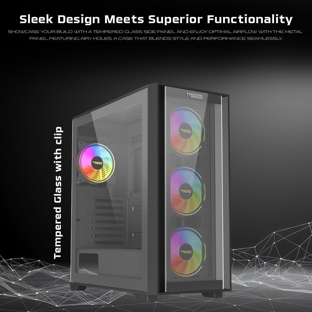 Twisted Minds Storm Rider-04 Mid Tower Gaming Case for PC, EATX/ATX/MATX/Mini-ITX Support, 3 Pre-Installed Fans, 10 Fan Capacity, Tempered Glass Side Panel, Magnetic Dust Filters - Black - Image 2