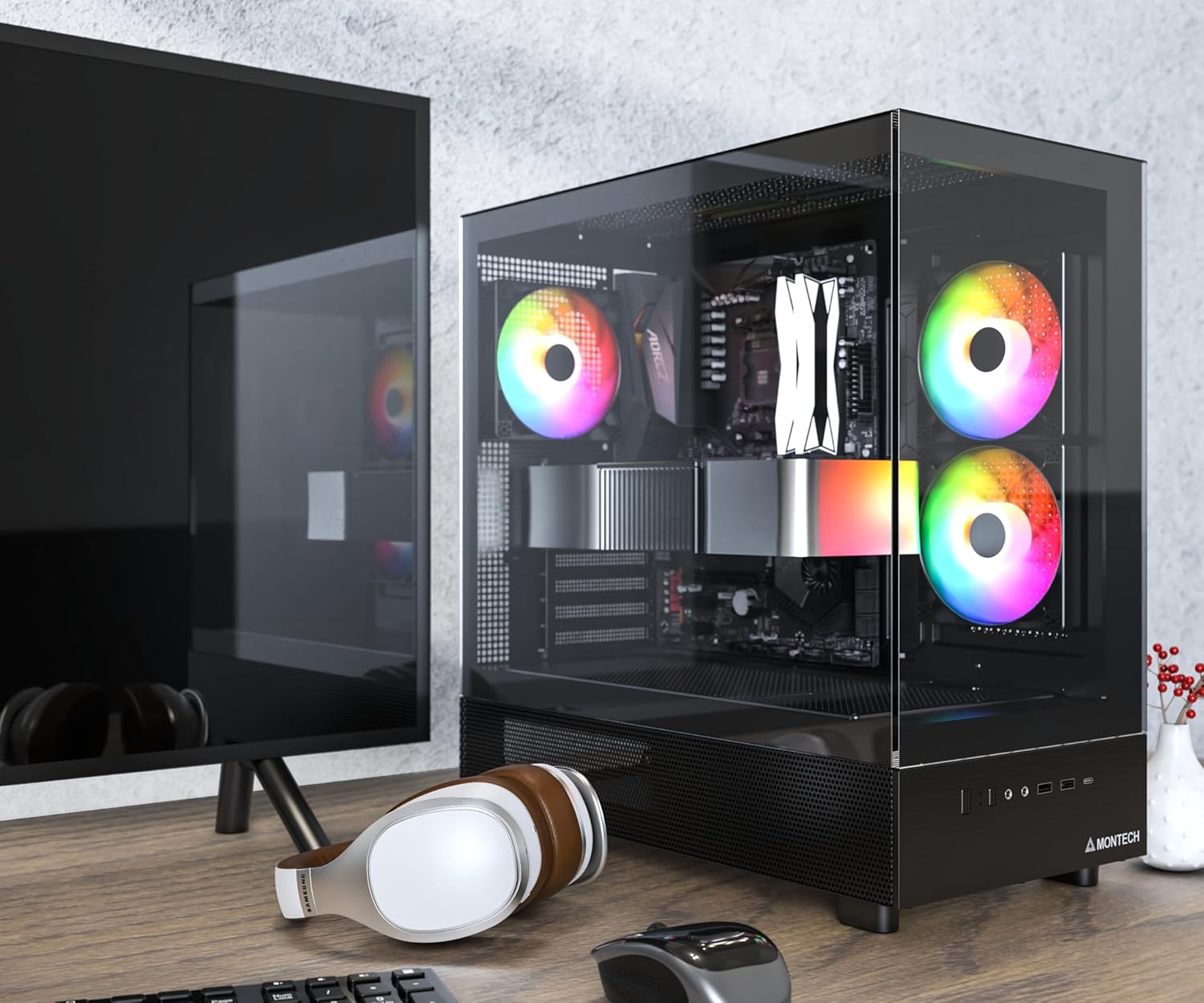MONTECH XR, ATX Mid-Tower PC Gaming Case, 3 x 120mm ARGB PWM Fans Pre-Installed, Full-View Dual Tempered Glass Panel, Wood-Grain Design I/O Interface, , 360mm Radiator Support, - Image 2