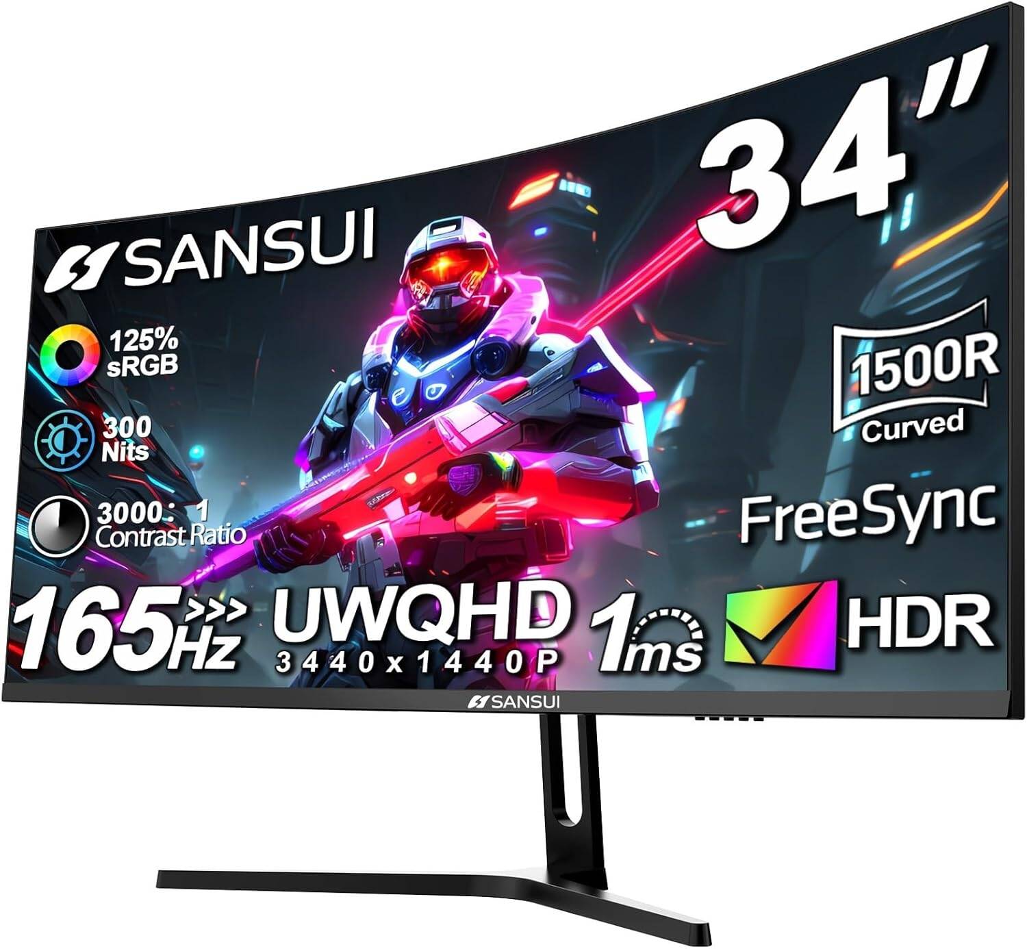  SANSUI ES-G34C5 Curved Gaming Monitor, 34" Fast VA Display, UWQHD Resolution, 165Hz Refresh Rate, 1ms (MPRT) Response Time, FreeSync Technology | ES-G34C5