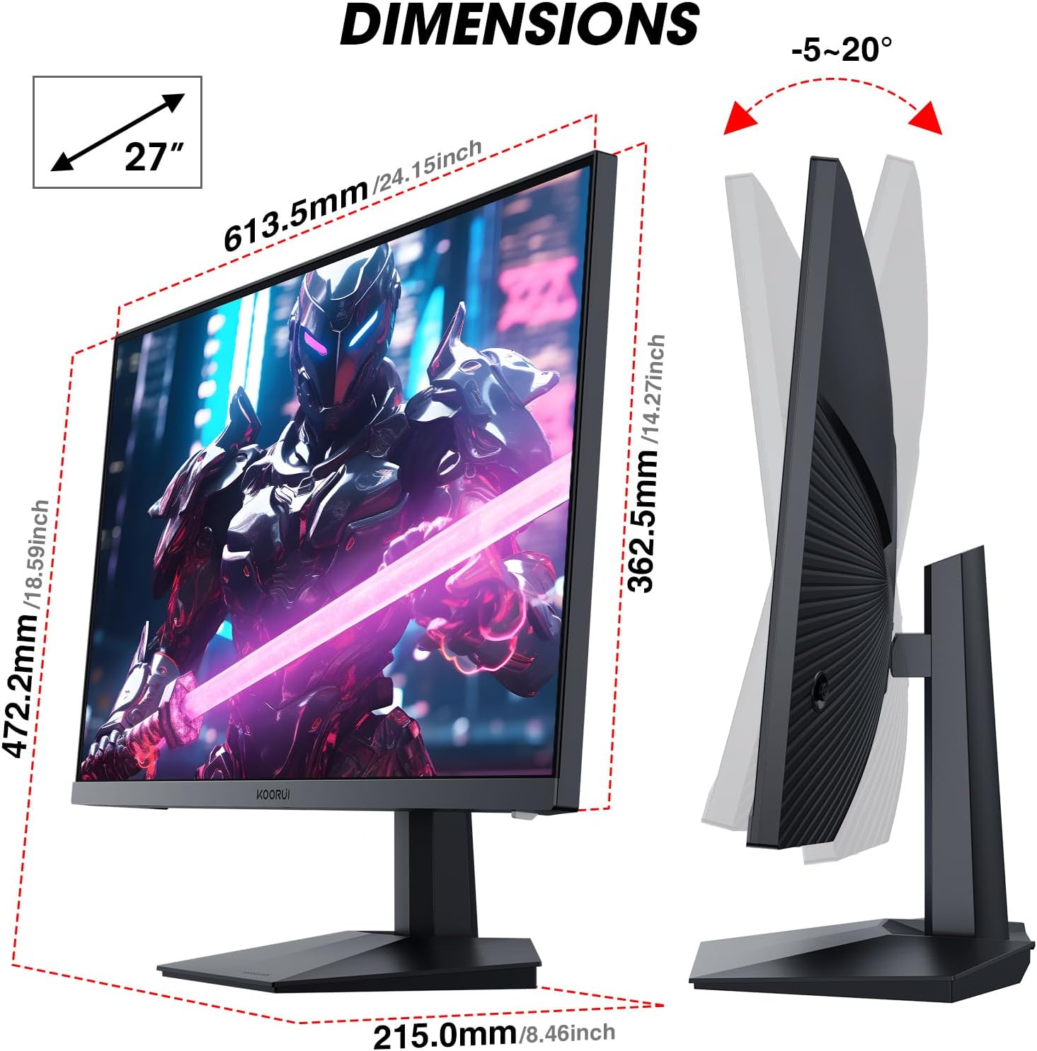 KOORUI 27 Inch 240Hz 1ms FHD (1920x1080) DCI-P3 90% Adaptive Sync Adjustable Tilt HDMI DP Black - Image 4
