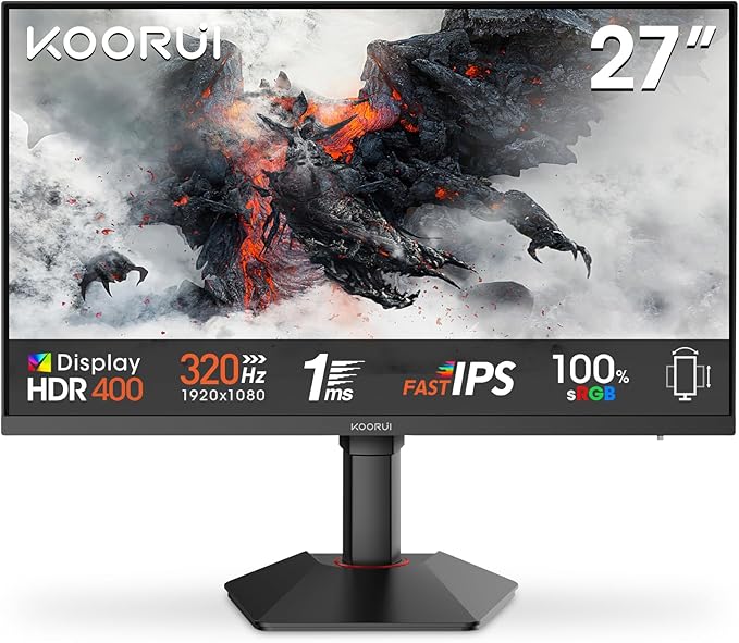 KOORUI G2721E 27" Gaming Monitor, 320Hz, Fast IPS, QHD 1440p, 1ms, Adaptive Sync, Adjustable Lifting, VESA Mount, HDMI/DP, Low Blue Light, 99% SRGB