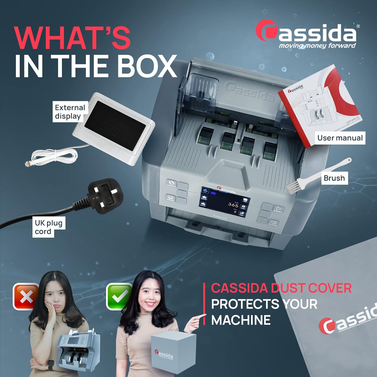 Cassida XPECTO Mix value counter Cash counting machine detector bill counter with Cassida cover 20 Currencies WITH SN Reading with Dust Cover - Image 3