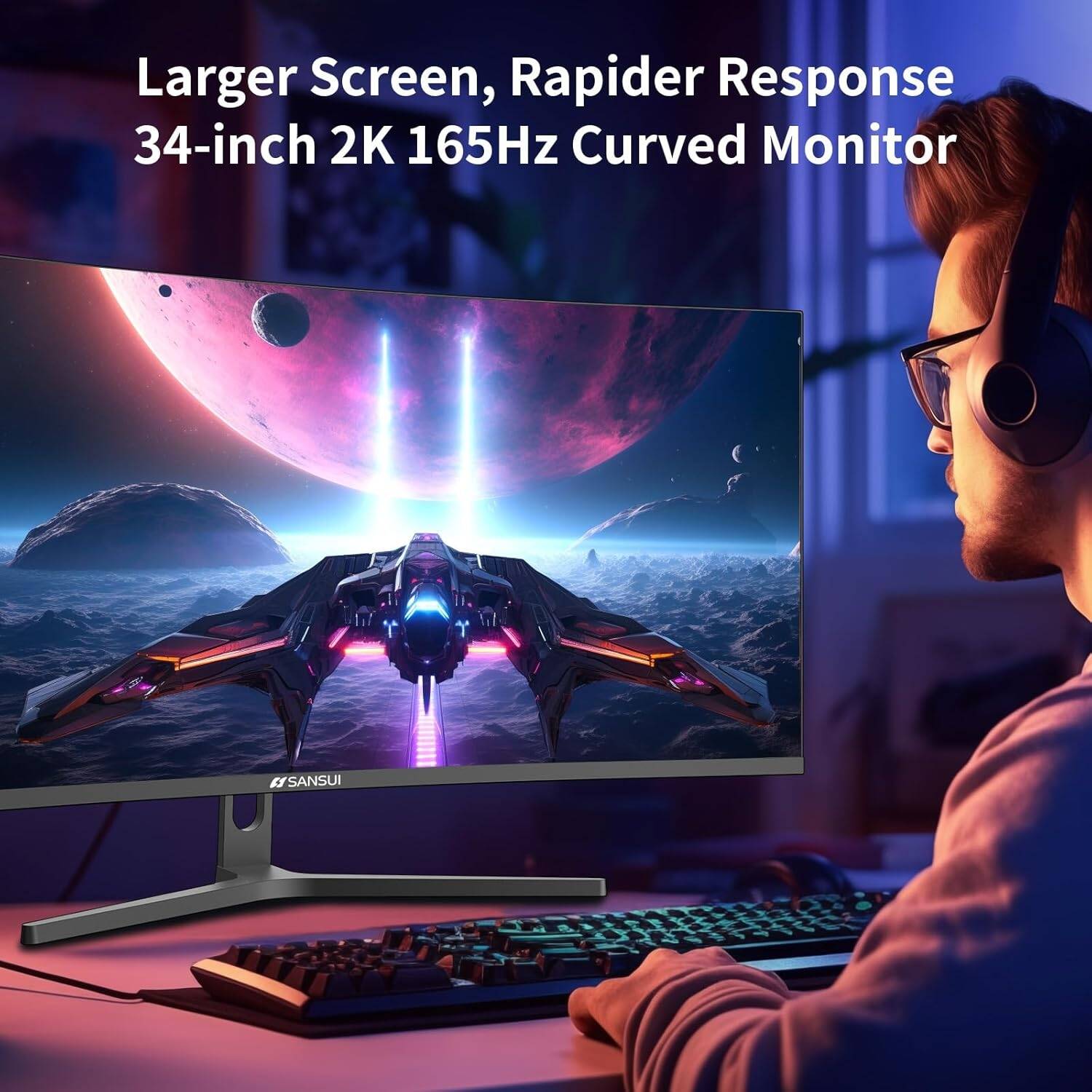  SANSUI ES-G34C5 Curved Gaming Monitor, 34" Fast VA Display, UWQHD Resolution, 165Hz Refresh Rate, 1ms (MPRT) Response Time, FreeSync Technology | ES-G34C5 - Image 2